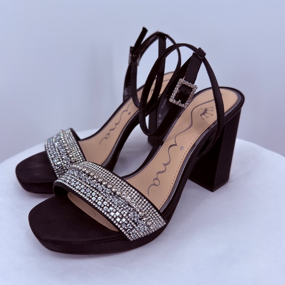 Nina Rhinestone Strap Heels Black Satin Ankle Strap Sandals Size 6